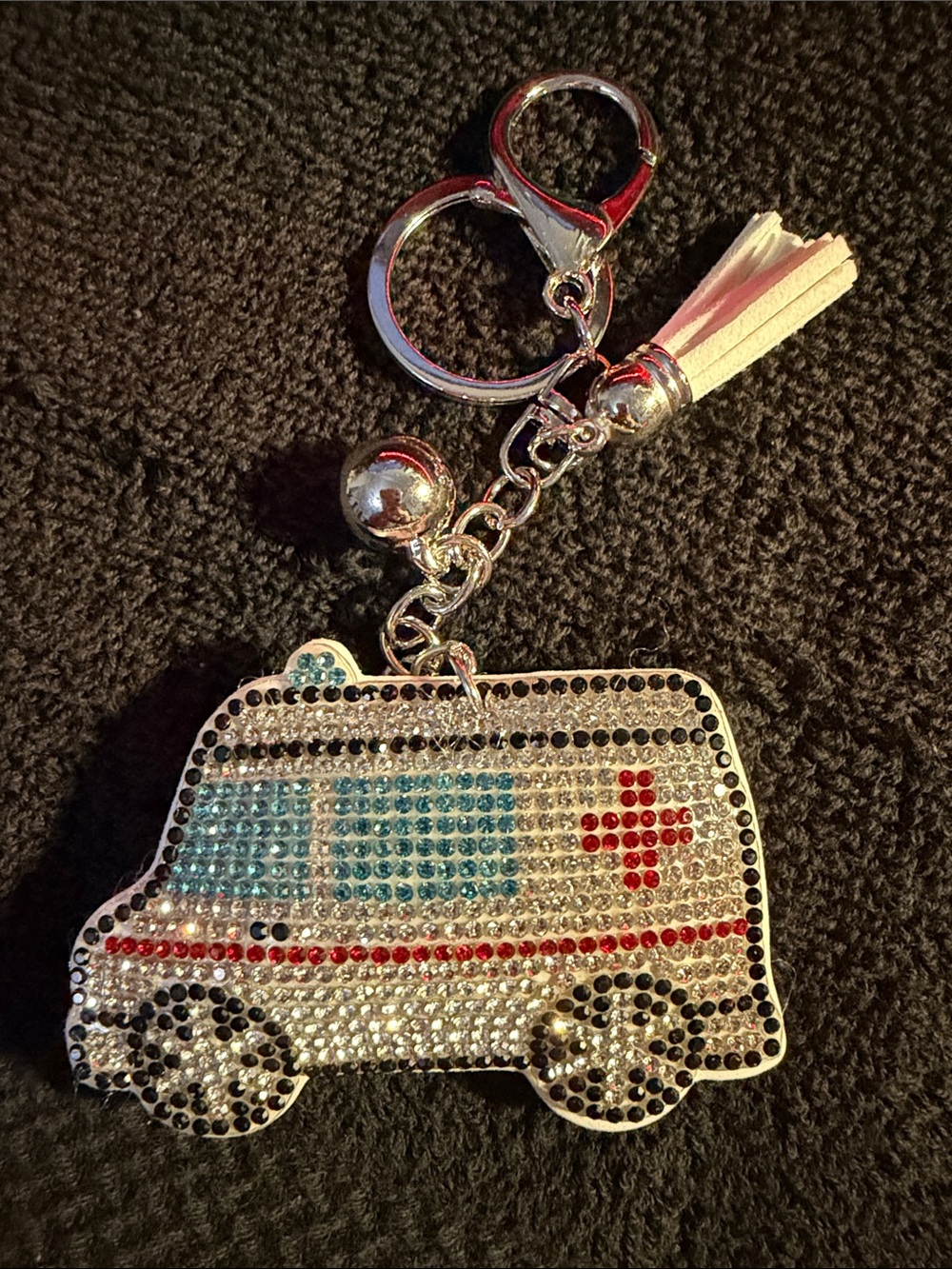Rhinestone Ambulance Keychain Charm - Silver, Blue, Red